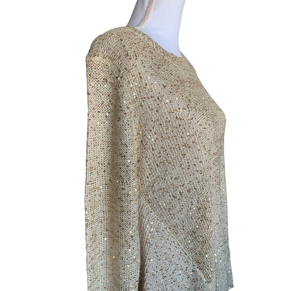 John Fashion Sweater Top Gold Sequin Long Sleeve Open Knit Sharkbite Sz L NEW - Picture 2 of 11